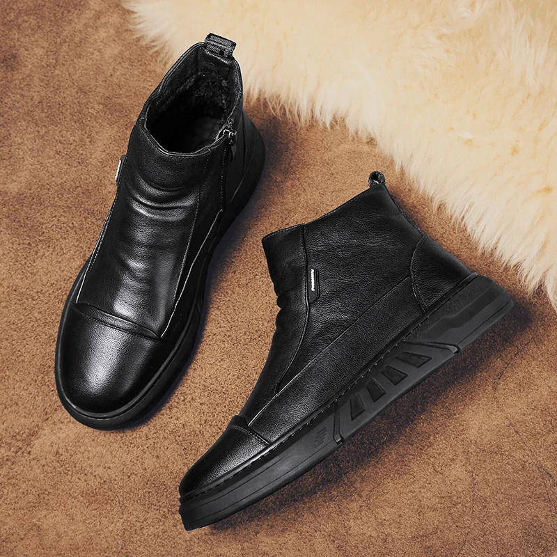 Winter high-quality mens leather boots with zipper fashionable plush warmth mens ankle boots soft soled mens casual boots platform work boots 241031