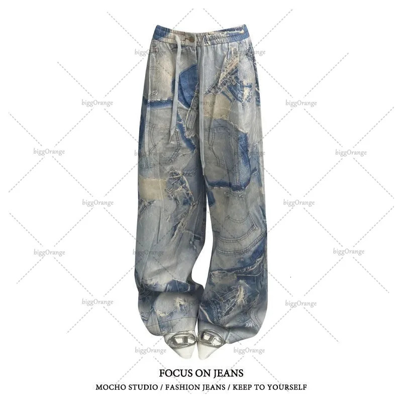 Y2K Harajuku Clothing Women American Street Retro Washed Baggy Jeans Trend Camouflage Distressed Wide-leg Straight Pants 241031