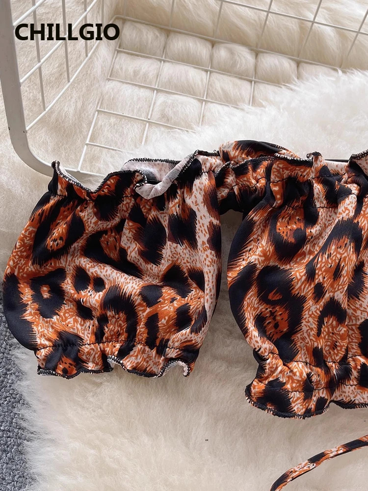 CHILLGIO Women Sexy Leopard Print Skirt Suits Fashion Off Shoulder Halter Camisole Ruched Pencil Skirts Two Pieces Pajamas Sets 241031