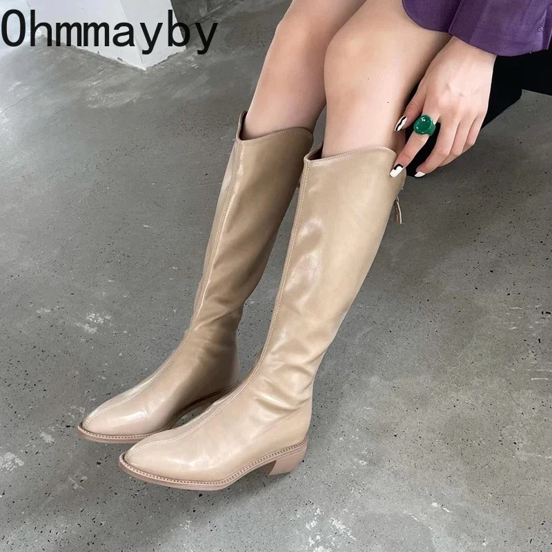 Women Knee High Boots Fashion Elegant Pointed Toe Side Zippers Shoes Square Heel Womens Western Cowgirl Booties 241030