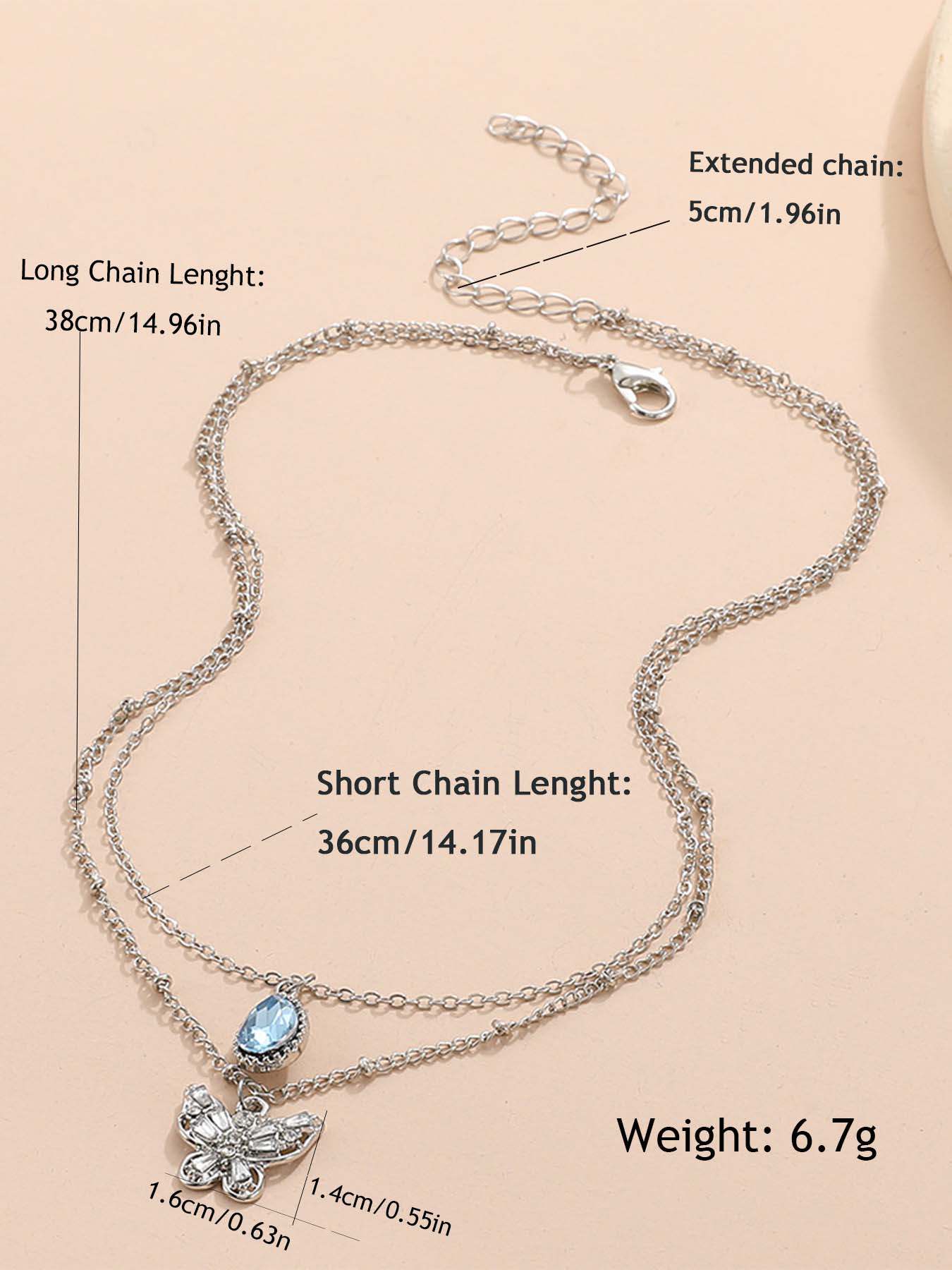 Elegant Multi-Layered Blue Zircon Droplet Butterfly Pendant Necklace for Shoulder Length Wear