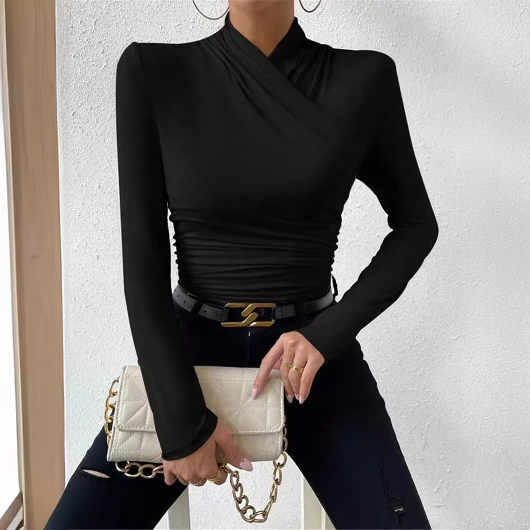 Designer's autumn and winter new design cross neck slim fit versatile pleated T-shirt