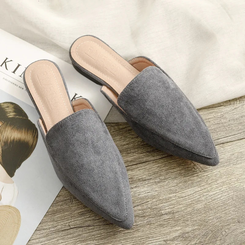Fashion Baotou Flat Pointed Half Slippers Womens Suede Black Mules Large Sizes 42 Female Breathable Shoes 241031