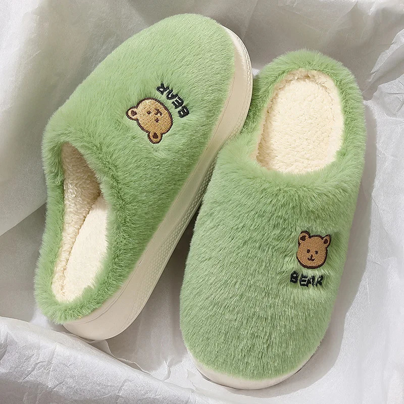 Couple winter family slider womens shoes cute cartoon bear fur leather shoes mens warm plush slider 241031
