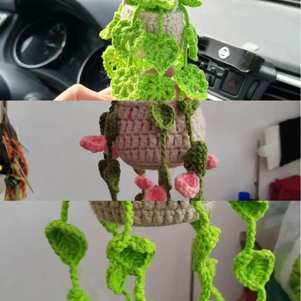 New 1Pcs Mirror Hanging Accessories Handmade Knitted Woven Finished Crochet Potted Plant Rear View Decor Car Interior Ornaments