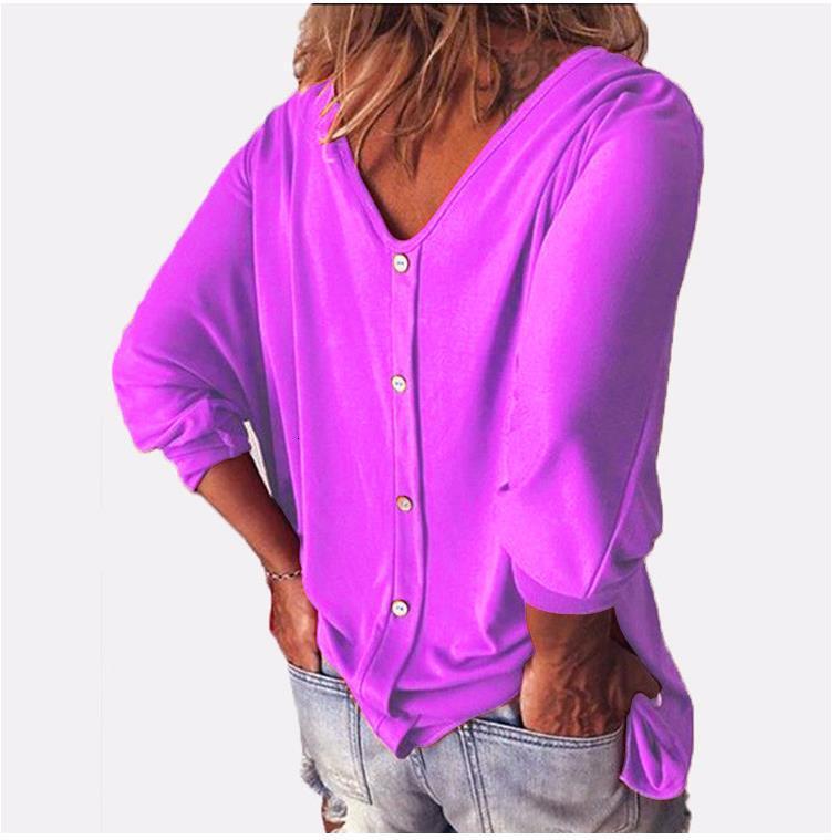 Designer Women's New Bat V-neck Three quarter Sleeve Back Button T-shirt Loose Top 309