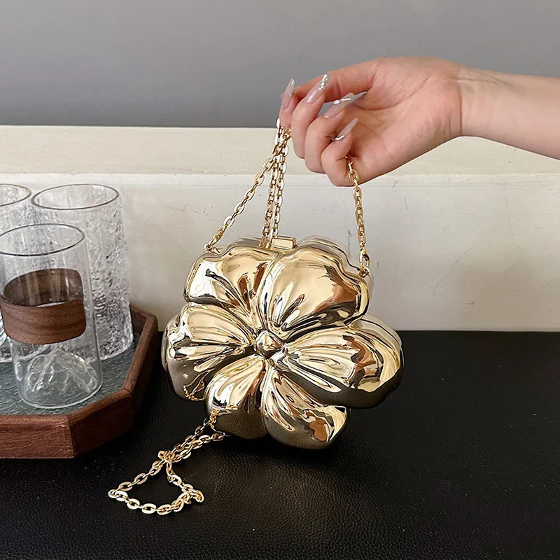 Fashion metal flower shaped cross shaped bag womens gold box shoulder bag shiny evening dress party clutch bag mini phone bag 241031