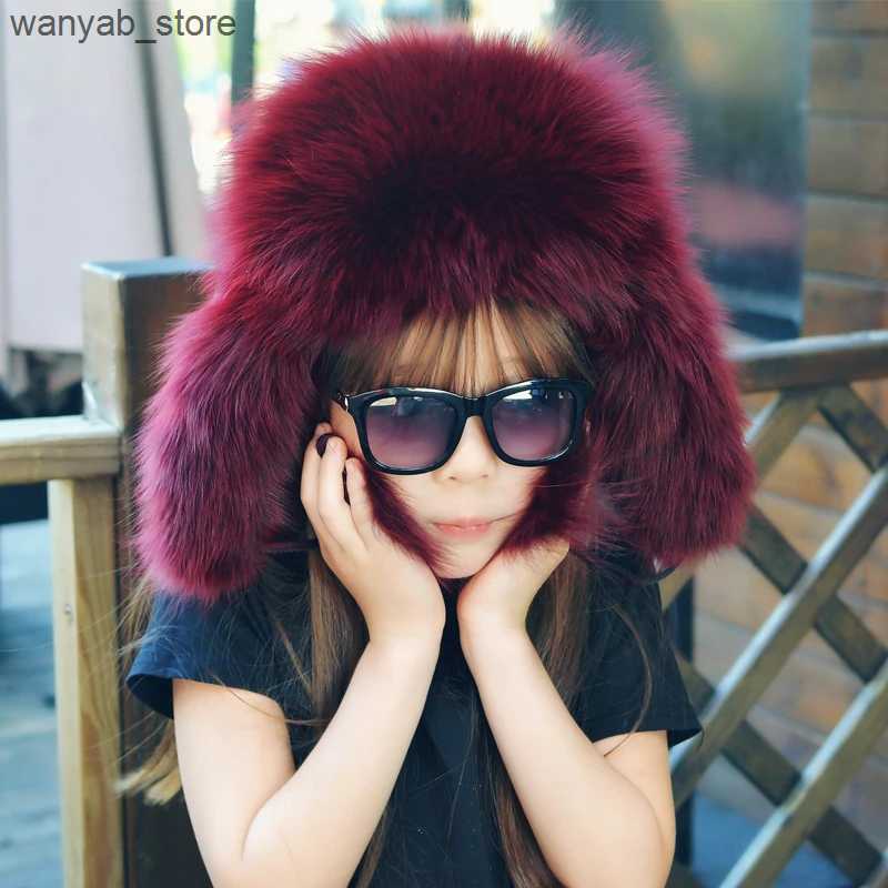 Stingy Brim Hats Russia Kids Hat Children Girls Warm Winter Fur Real Fur Zorro Baby Hat Solid Color Caps Kids Warm Ears Children Kids Hat L240910