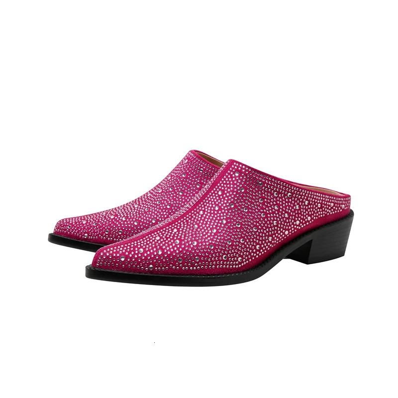 2024 Mules Baotou Pointed Thick Heel Medium Heel Rhinestone Large Womens Slippers Half Slippers Women Shoes for Women 241031