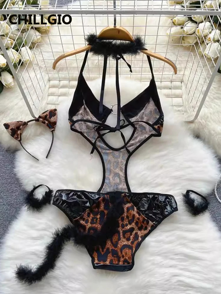 CHILLGIO Women Sexy Leopard Print PU Bodysuits Vintage sweet Rompers Fashion Bodycon One Piece Combination Onesie Lingerie 241031