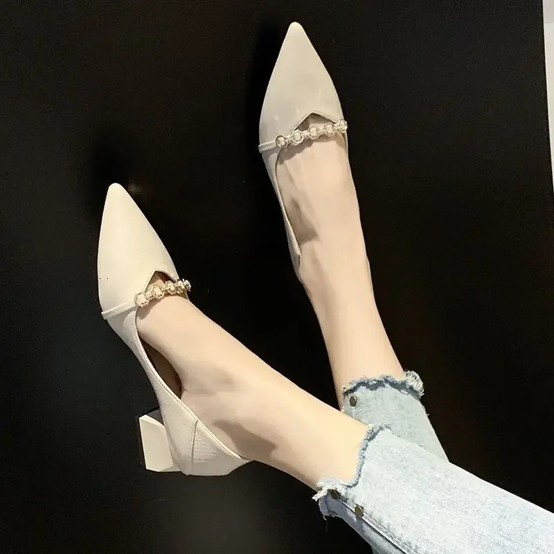 Square Heels Pointed Toe Metal Decoration Green with Medium Ladies Footwear Chunky Womens Shoes A Elegant Dress Non Slip Trend 241030