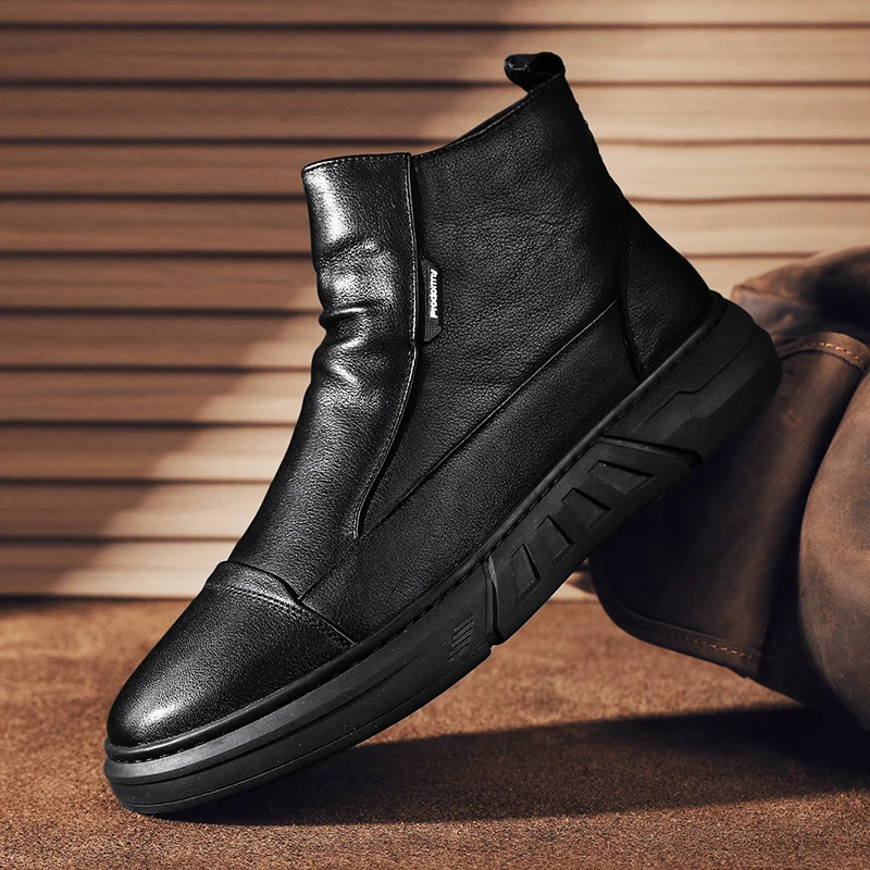 Winter high-quality mens leather boots with zipper fashionable plush warmth mens ankle boots soft soled mens casual boots platform work boots 241031