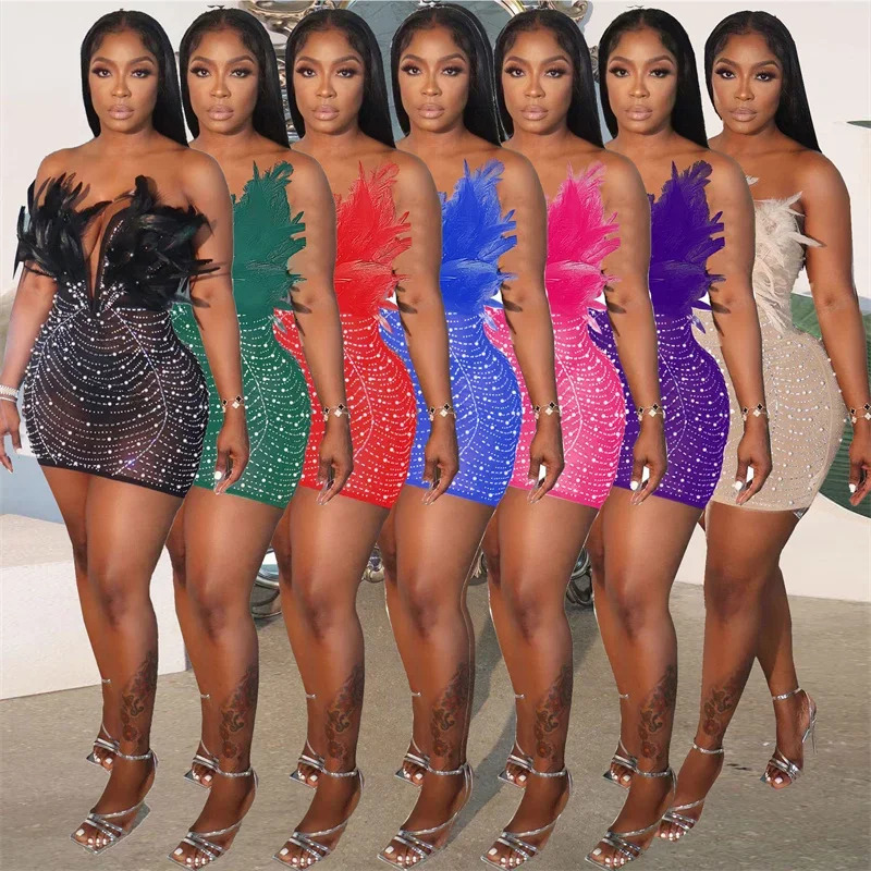 Sexy Club Party Night Feathers Rhinestones Birthday Dresses for Woman Elegant Backless Diamond Sheer Mesh Bodycon Dress Vestidos 241030