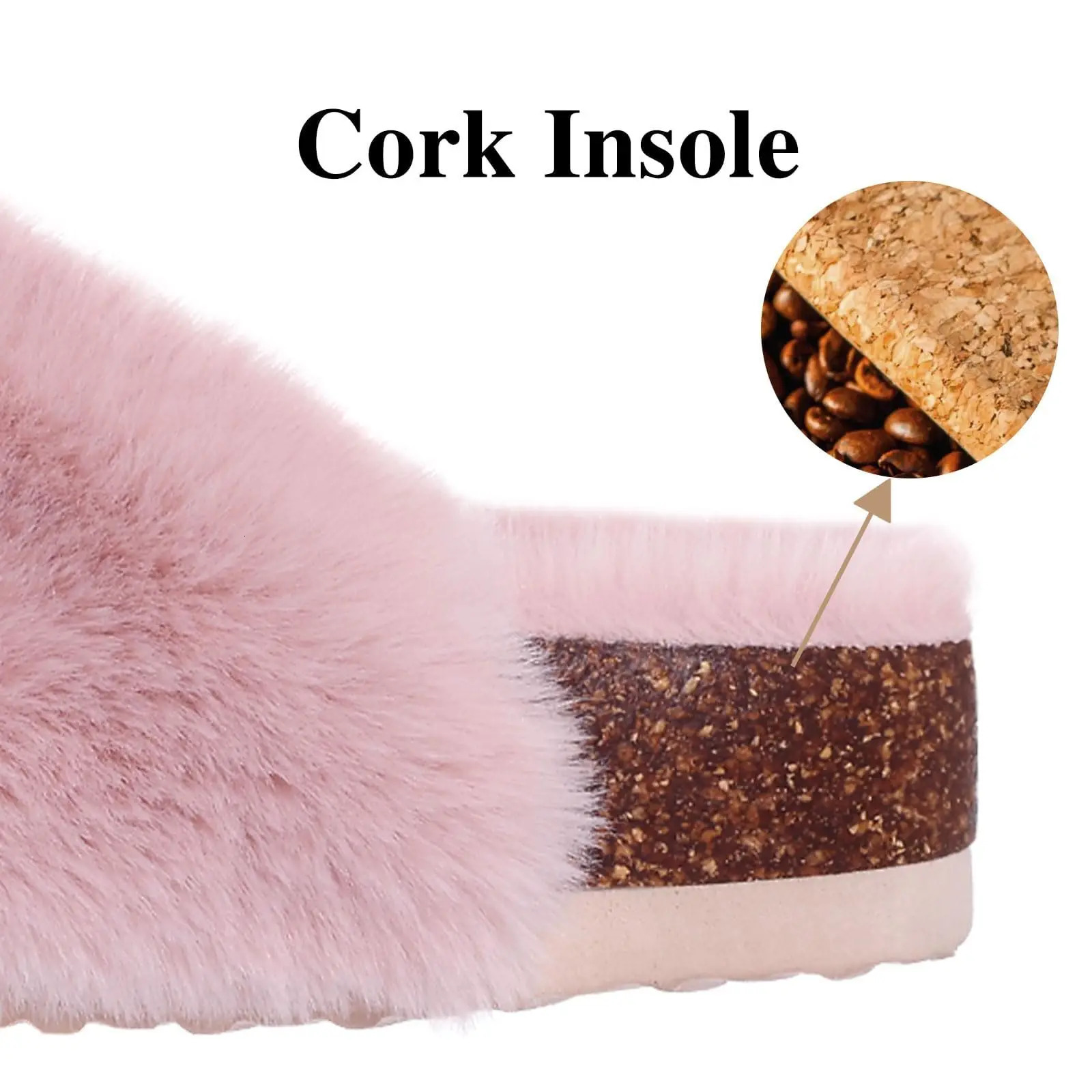 Pallene Winter Fuzzy Slide for Women Indoor Fluffy Fur Slide for Women Adjustable Plush Cork Slide Warm Winter Open Insole 241031