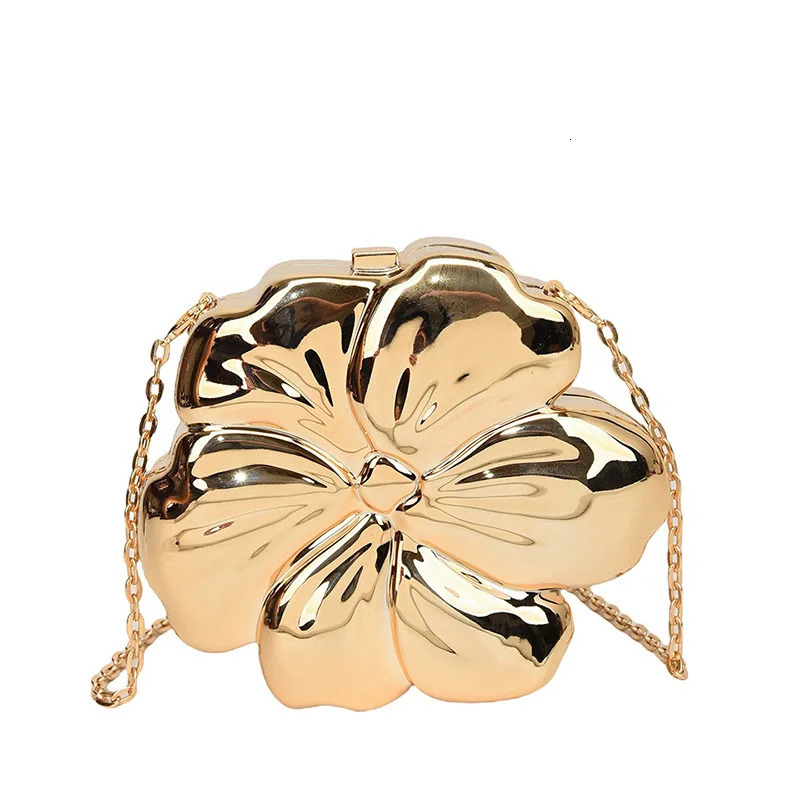 Fashion metal flower shaped cross shaped bag womens gold box shoulder bag shiny evening dress party clutch bag mini phone bag 241031