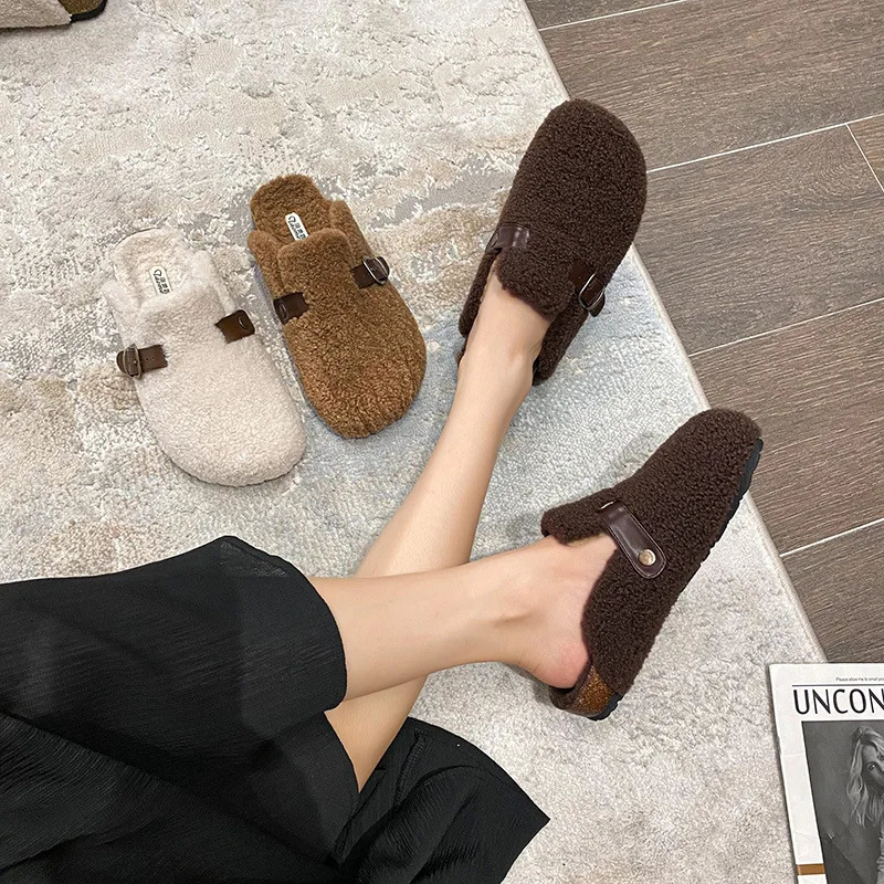 High quality sheepskin slider womens round toe buckle belt buckle pantuflas womens cork winter slider womens fur slider 241031