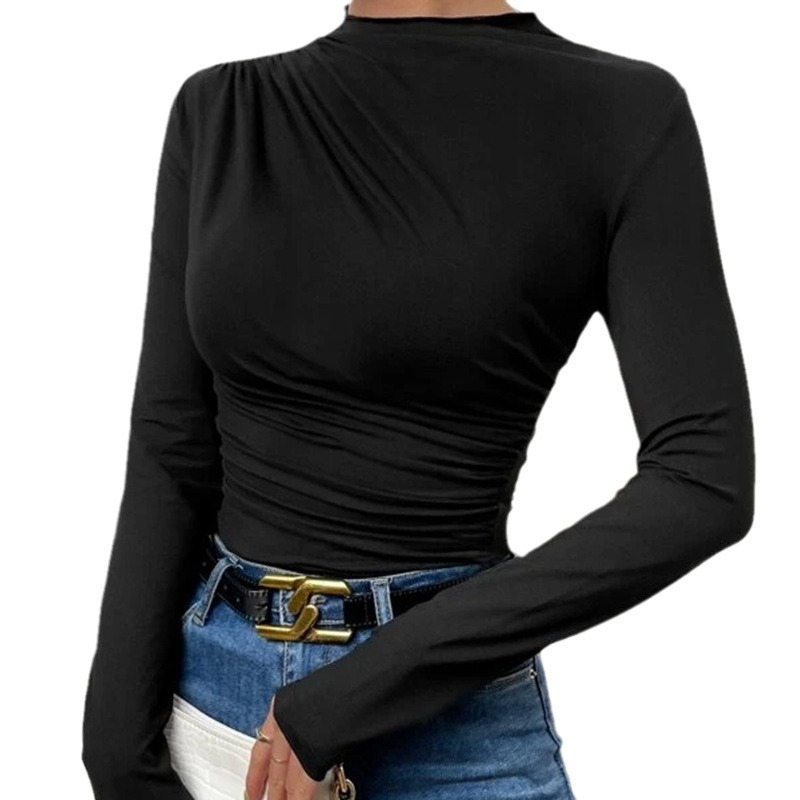 Designer 2024 solid color slim fit base shirt versatile pleated design sense long sleeved T-shirt women's top
