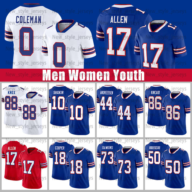 17 Josh Allen Keon Coleman Football Jerseys Joe Andreessen Dawson Knox Dalton Kincaid Khalil Shakir Amari Cooper Von Miller Greg Rousseau Matt Milano Jim Kelly