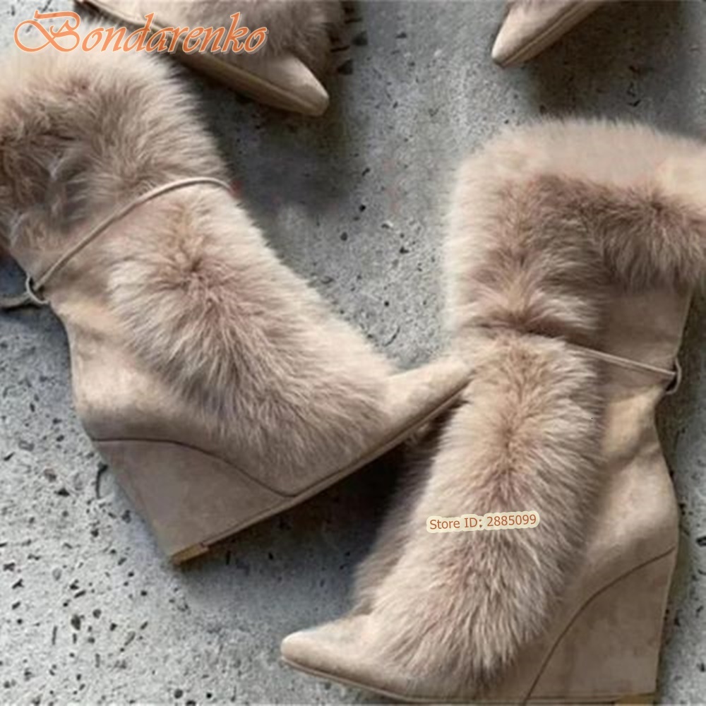 Fur Suede Wedges Pointy Toe Solid Mid Calf Lace Up Straps Boots Women Sexu Shoes Winter Party Designer New Style Fashion
