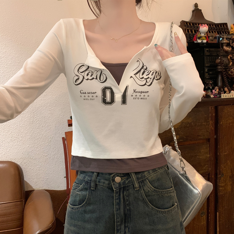 Designer American Printed Fake Two piece Long Sleeve T-shirt for Women 2024 Autumn New Women's Wear Slim Fit Bottom Inner Top