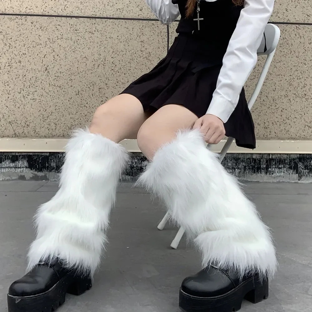 Japanese White Faux Fur Leg Warmers Boot Covers Y2K Goth Solid Leg Socks Punk Jk Knee-length Hiphop Fashion Warm Sock 241031