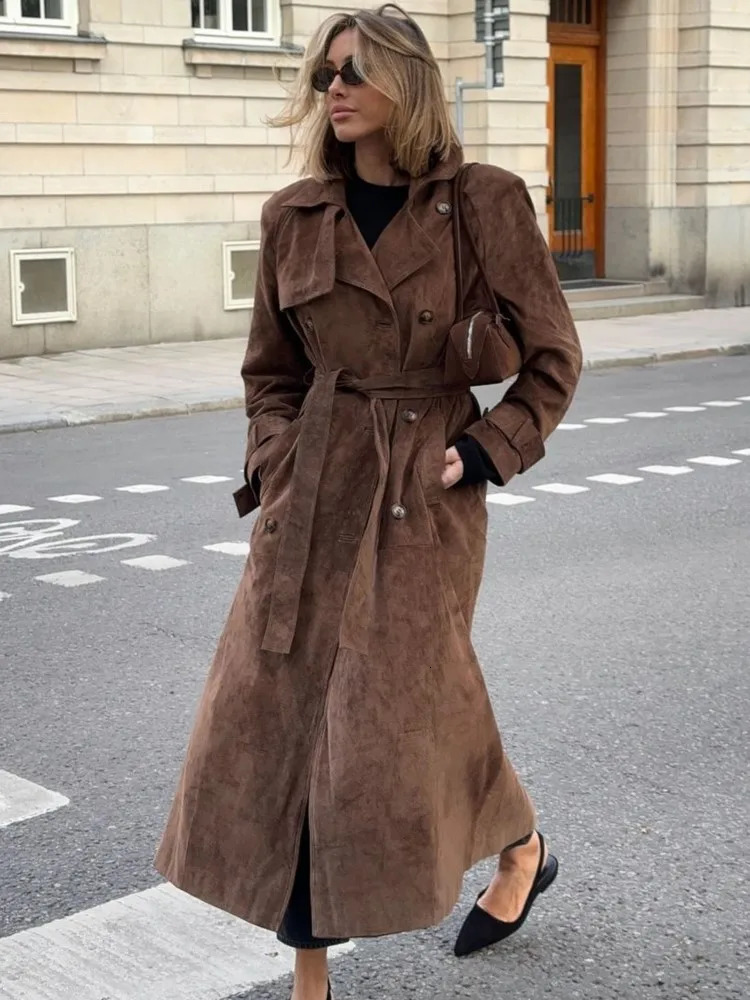 Belt Suede Long Trench Coat Women Loose Casual Velvet Maillard Windbreaker Outwear Autumn Double Breasted Commute Overcoat 241031
