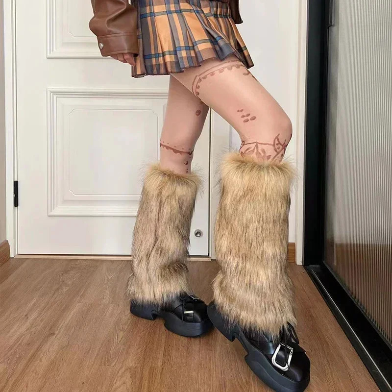 Y2k Winter Fur Leg Socks Vintage Leg Warmers Warm Furry Boots Socks Cover Gothic Punk Jk Knee High Boots Sock Leggings 241031