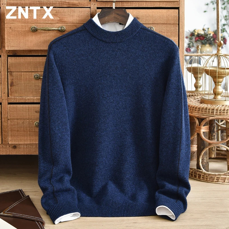 ZNTX Pure cashmere sweater mens half high neck winter style pullover thickened knitted base middleaged business 241031