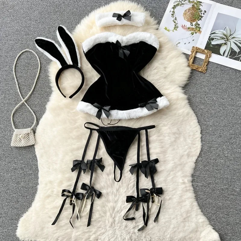 Sweet Bunny Christmas Lingerie Women Sexy Nightgowns Soft Velvet Off Shoulder Cute Rabbit Dress Lenceria Sexys Para Mujer Fina 241031