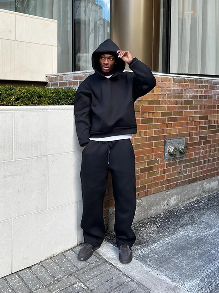 Solid Color Men Hoodie Suit Fashion Street Casual Pullover Waist Drawstring Pants Two Pieces Set Autumn Male Running Sportswear 241031