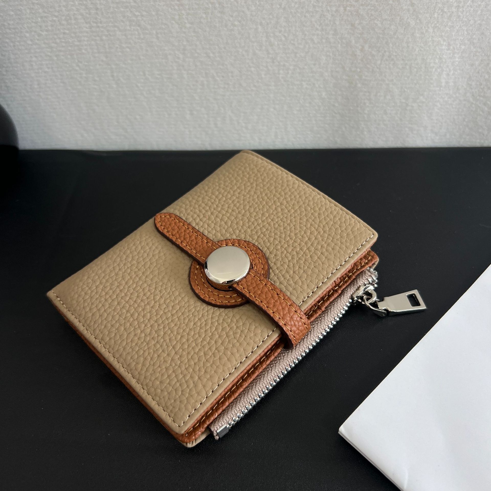 First layer cowhide double fold short wallet with women's drawstring design, contrasting and color blocking zipper wallet, folded coin purse