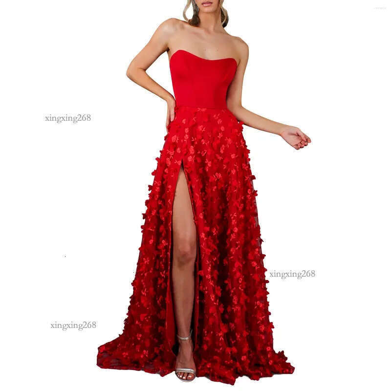Casual Dresses Women's 3D Embroidered Tube Top Mesh Sexy Elegant Tulle Floral Back Tie Hem Slit Prom Formal Evening Dress Maxi