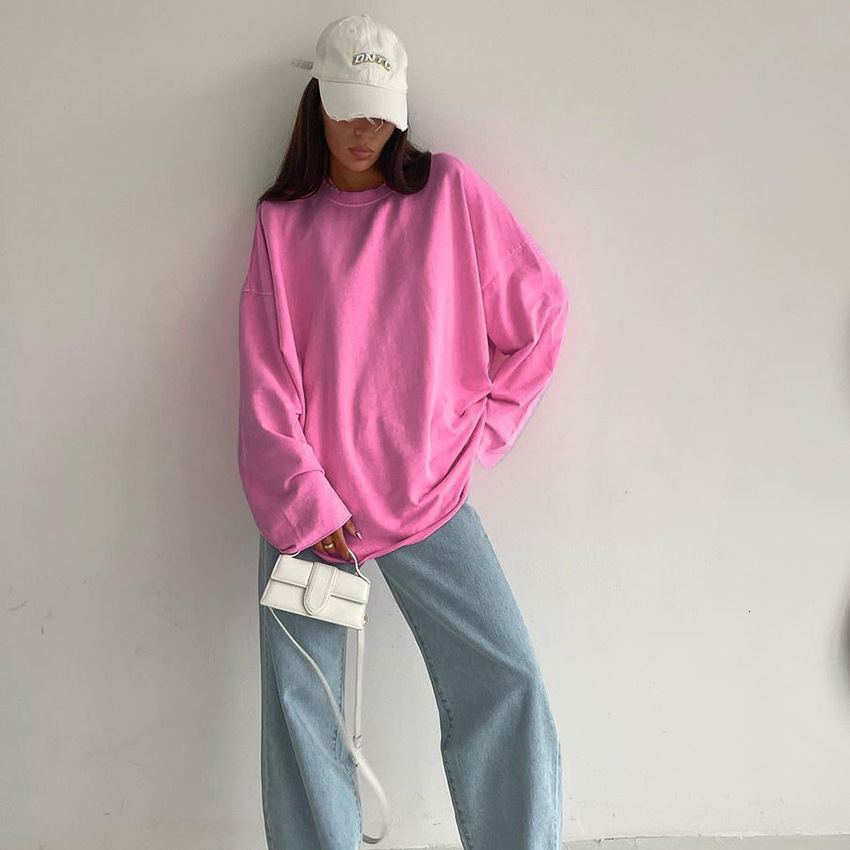 Designer's pink loose elastic round neck long sleeved pullover street style T-shirt 2024 new autumn fashion women's top