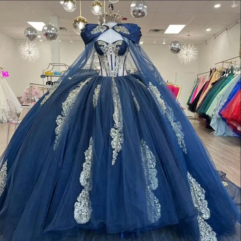 Navy Blue Quinceanera Dress With Gold Applique Cape & Ball Gown - Princess Birthday Party, Sweet 16, 2024