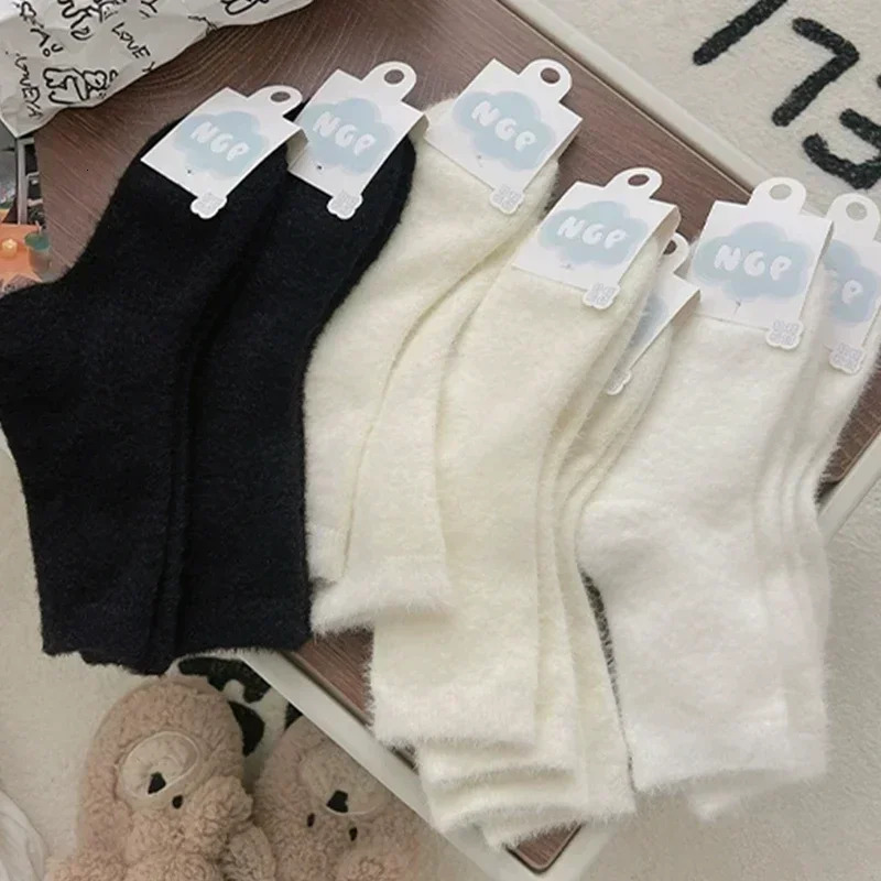 12pairs Cozy Hairy Mink Velvet Sock Autumn Winter Hosiery Thicken Plush Warm Floor Sleep Home Fluffy White Black Soft Socks 241031