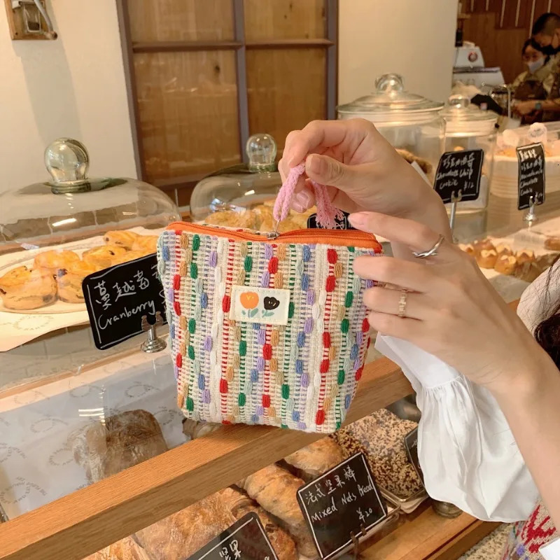 Rainbow Ins style makeup bag portable small makeup bag canvas coin wallet student pencil wrist bag 241031