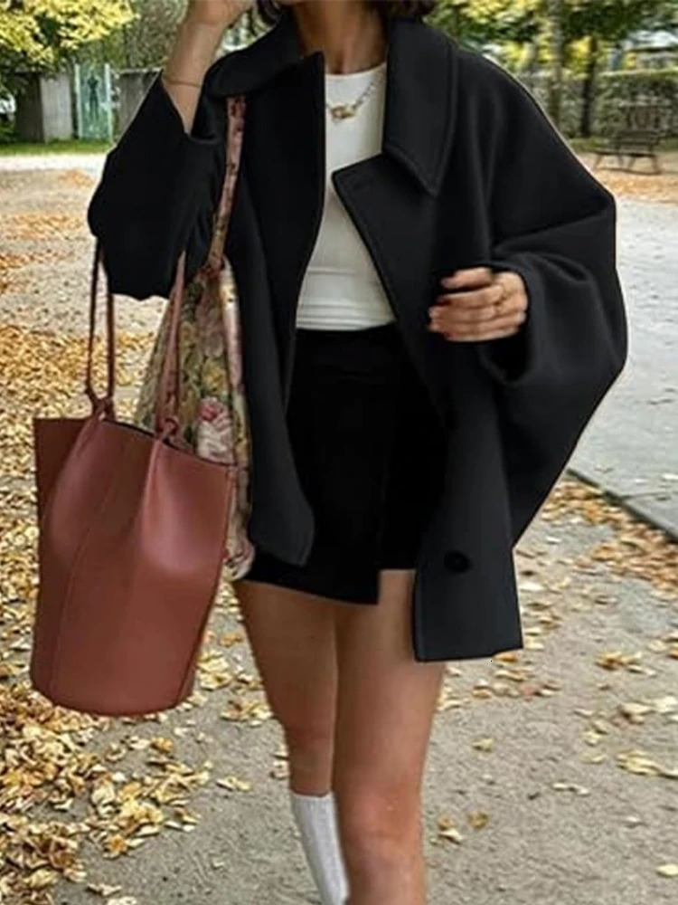 ZBZA Womens Oblique Button Loose Batwing Sleeve Jacket Coat Lapel Double Pocket Warm Solid Vintage Outerwear Fall Winter Coat 241030