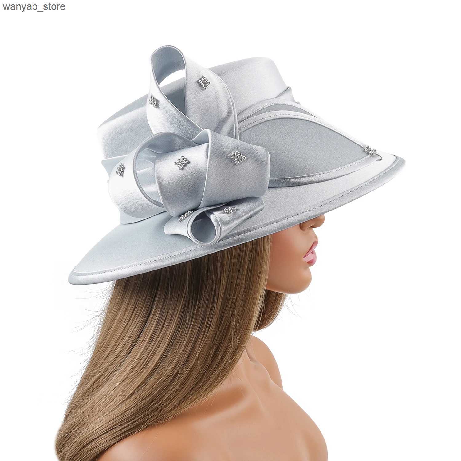 Stingy Brim Hats Fancy Silver Satin Cloth Church Hat Photography Hats Chains Fashion Formal Hat Flower Wedding Top Hat for Women Ladies Travel L240910