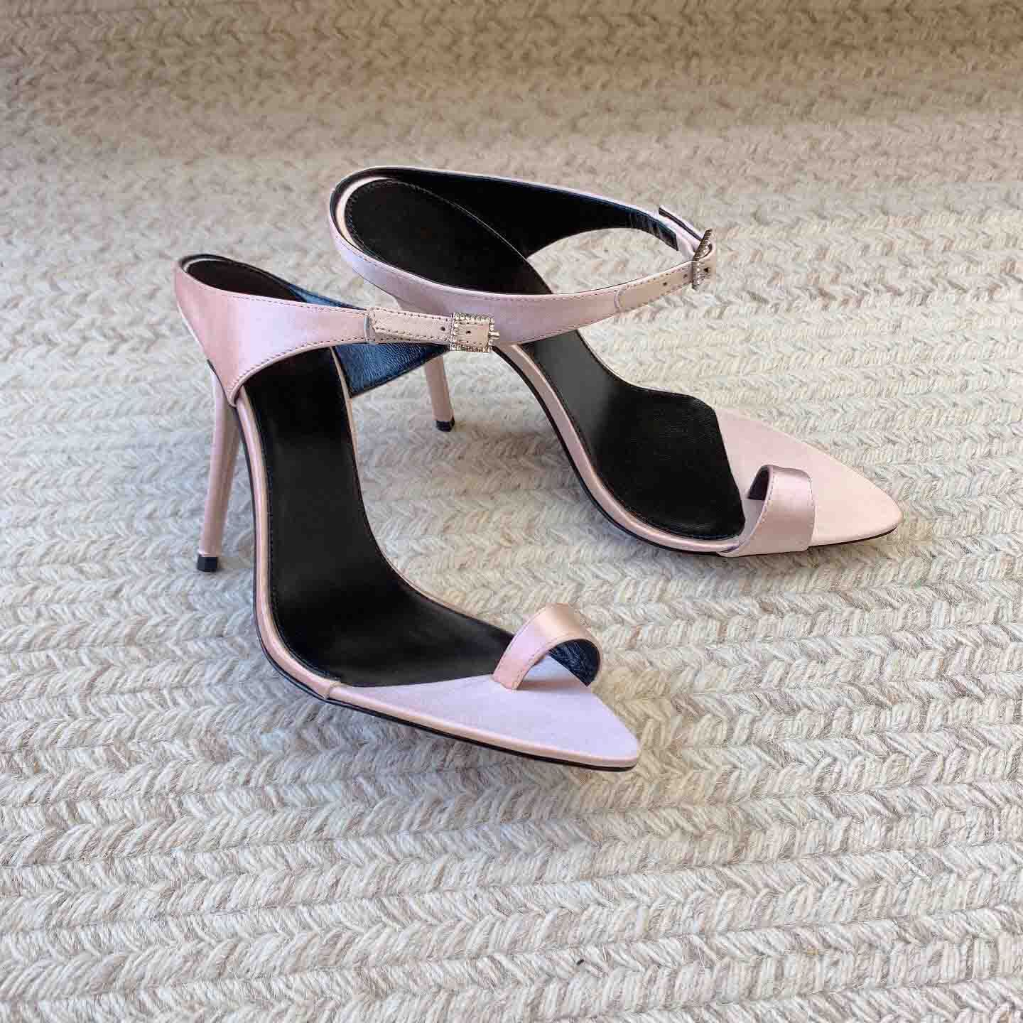 2023 New Mules Pointed Toe Slippers Silk Genuine Leather Rhies Buckle Women Shoes Sexy High Heels Atos De Mujer