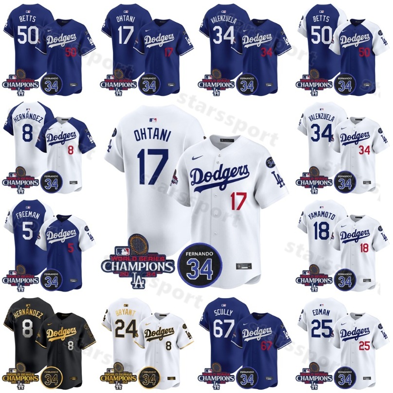 Dodger Baseball World Series Champion Jersey Shohei 17 Ohtani 34 Valenzuela Memorial Jerseys Mookie 50 Betts 5 Freeman Clayton 22 Gavin 9 Lux Yoshinobu 18 Yamamoto