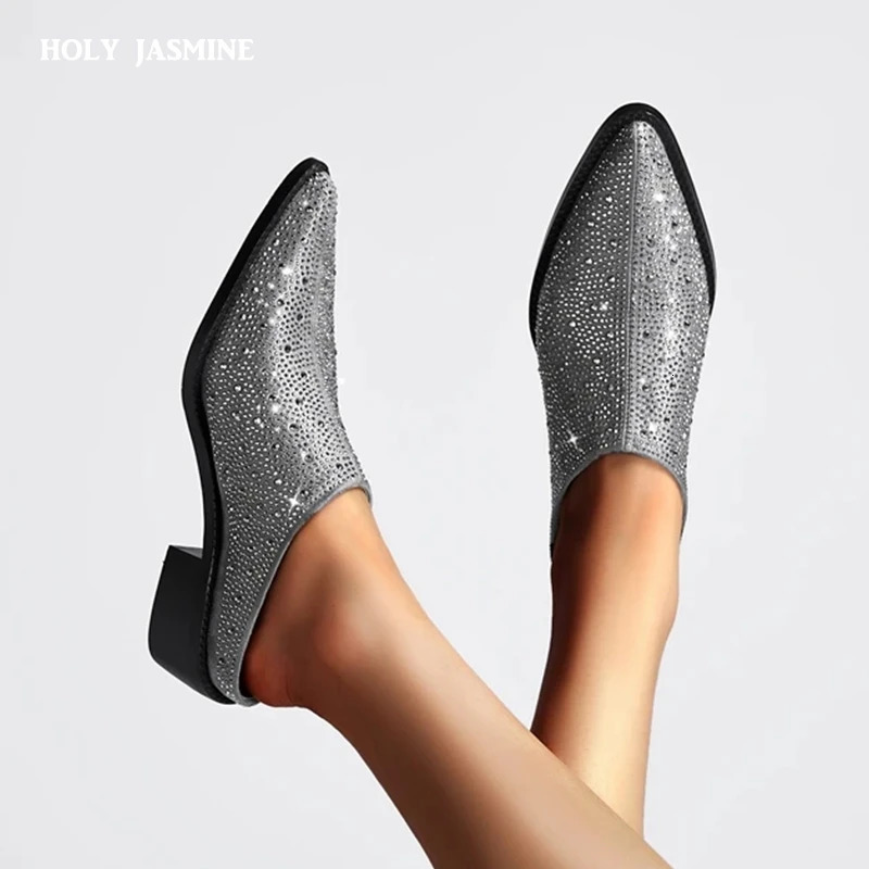 2024 Mules Baotou Pointed Thick Heel Medium Heel Rhinestone Large Womens Slippers Half Slippers Women Shoes for Women 241031