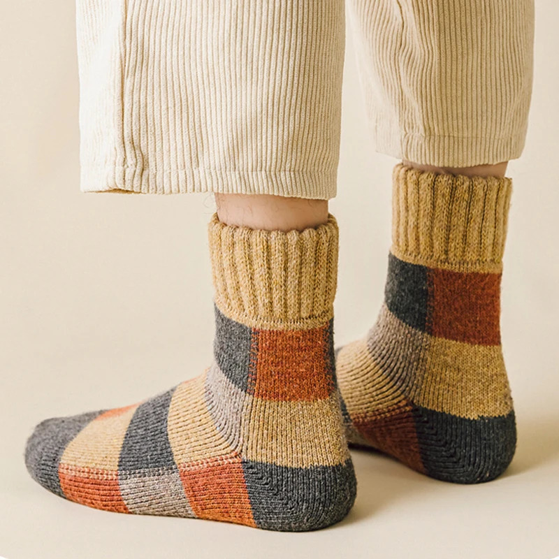 5pairs Winter Mens Warm Thermal Colorblock Thick Wool Socks Warm Colorblock Soft Comfortable Plush Snow Floor Sock High Quality 241031