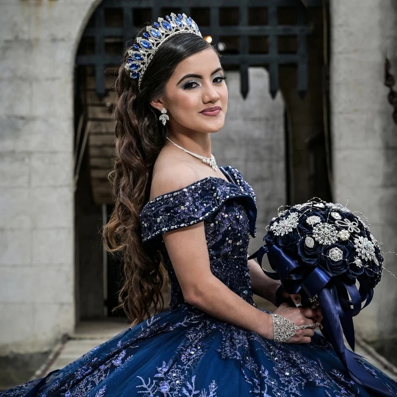 Navy Blue Princess Quinceanera Dresses Off the Shoulder Ball Gown Sweet 16 Dress Sequin Appliques Lace Beads Tull Vestidos 15 De XV Anos
