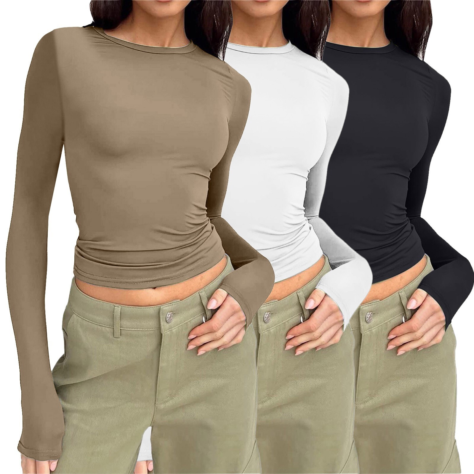 2024Designer casual long sleeved spring and autumn solid color slim fit pullover T-shirt women's street wear base shirt top three piece set