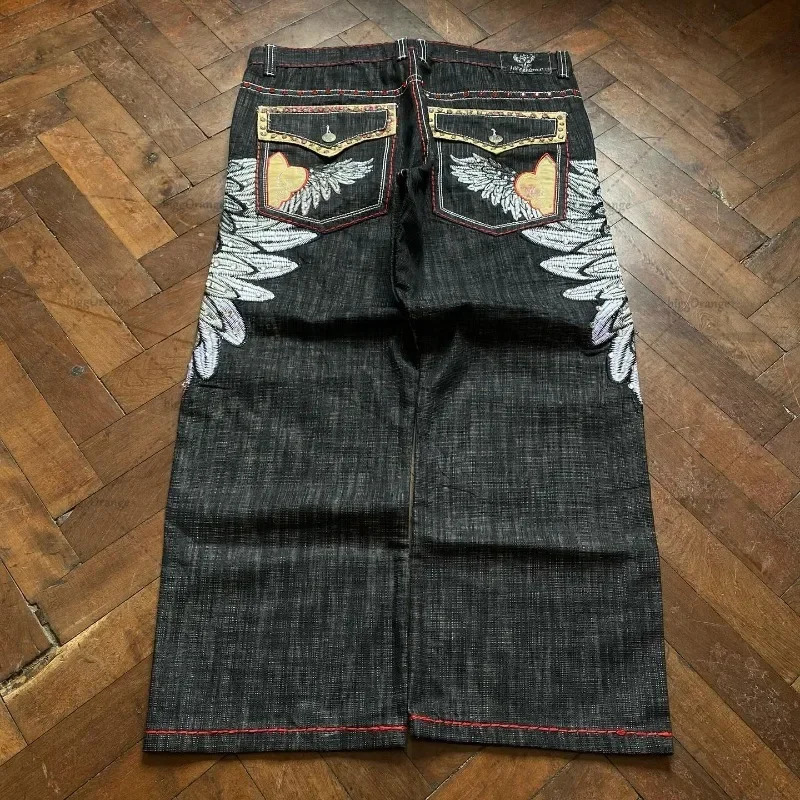 Y2K American Retro Wing Fashion Loose Jeans Men Street Hip-hop Personality Casual Versatile Straight Wide-leg Pants Women 241031