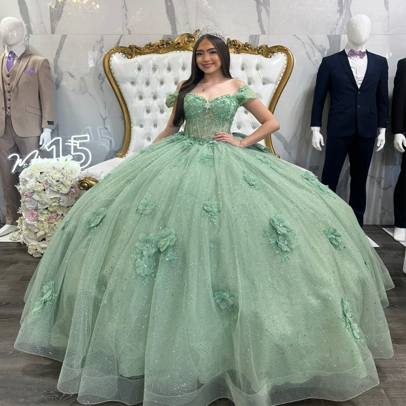 Sage Green Shiny Princess Quinceanera Dresses Off The Shoulder Appliques Flower Beads Tull Corset Vestidos De 15 Anos Sweet 16 Dress