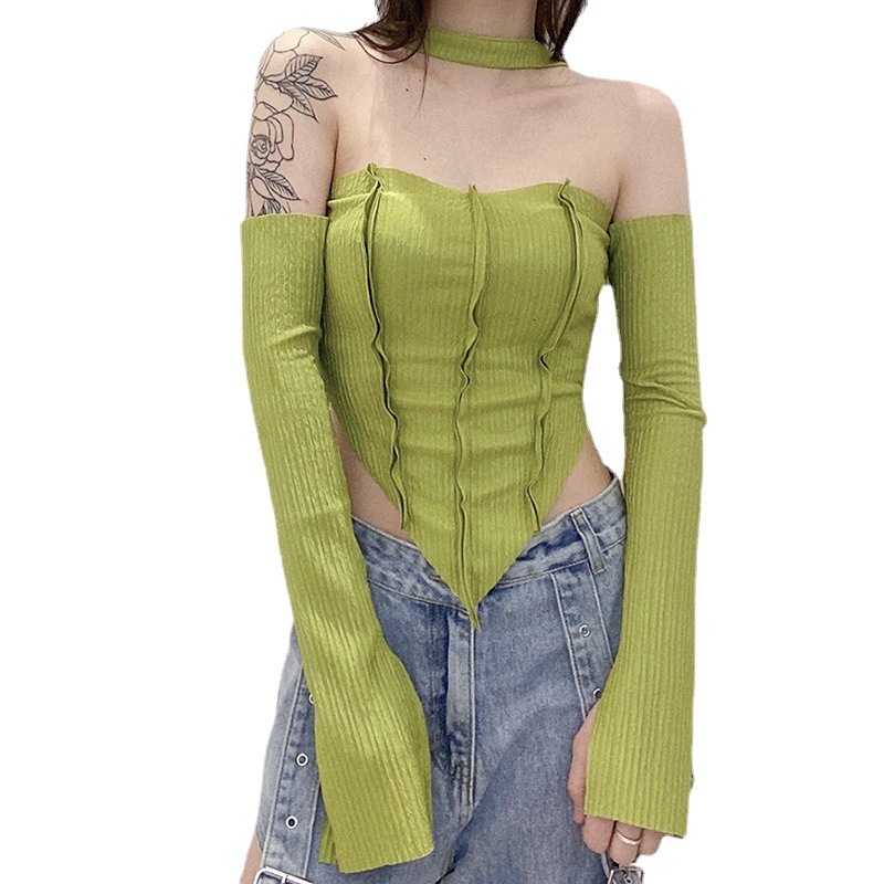 Designer Ins2024 Autumn/Winter New Women's Solid Color Personalized Design Chest Wrapped One Neck Off Shoulder Long Sleeve T-shirt