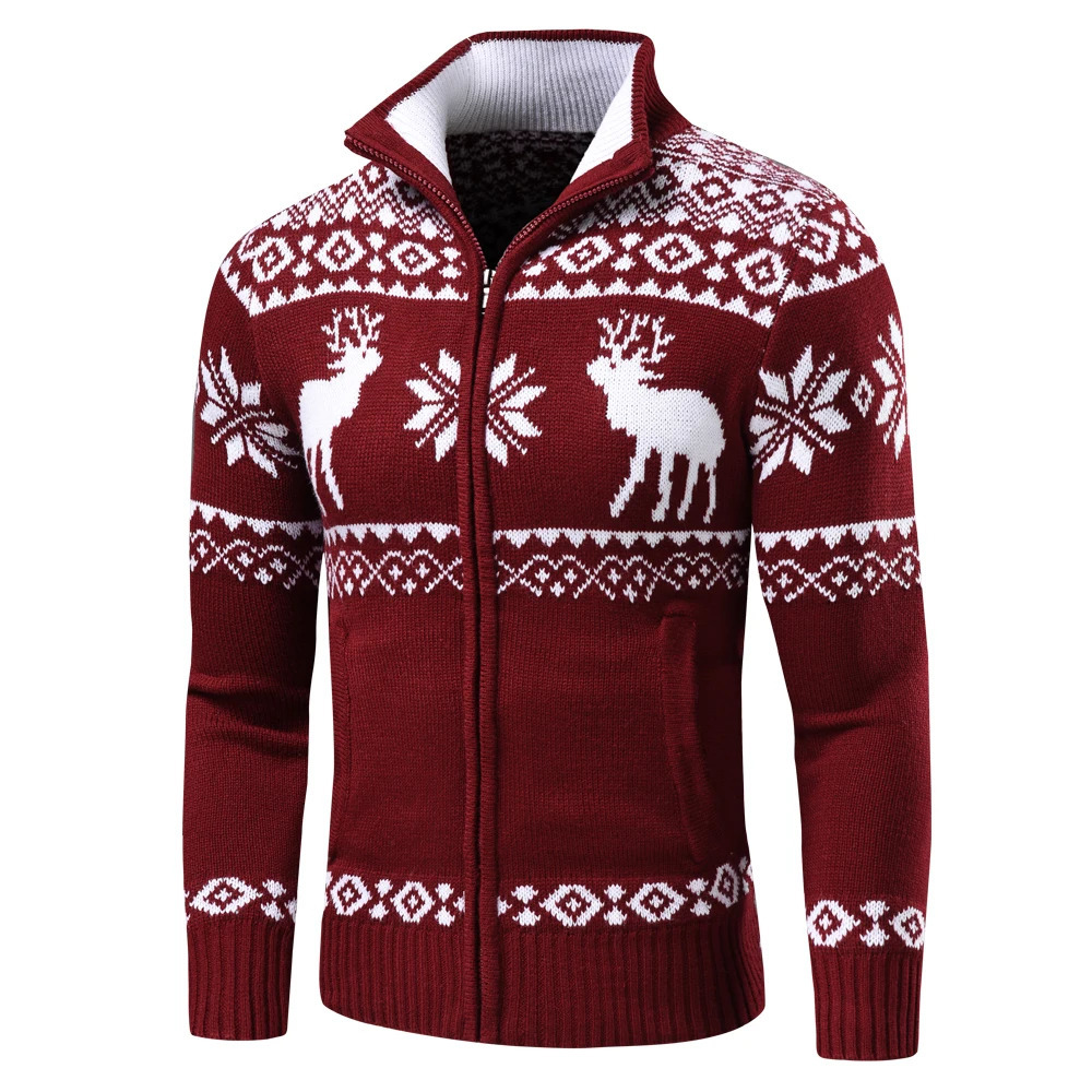 Men Autumn Casual Jacquard Christmas Pattern Zip Sweater Cardigan Jacket Winter Long Sleeve Mock Neck Pullover 241031