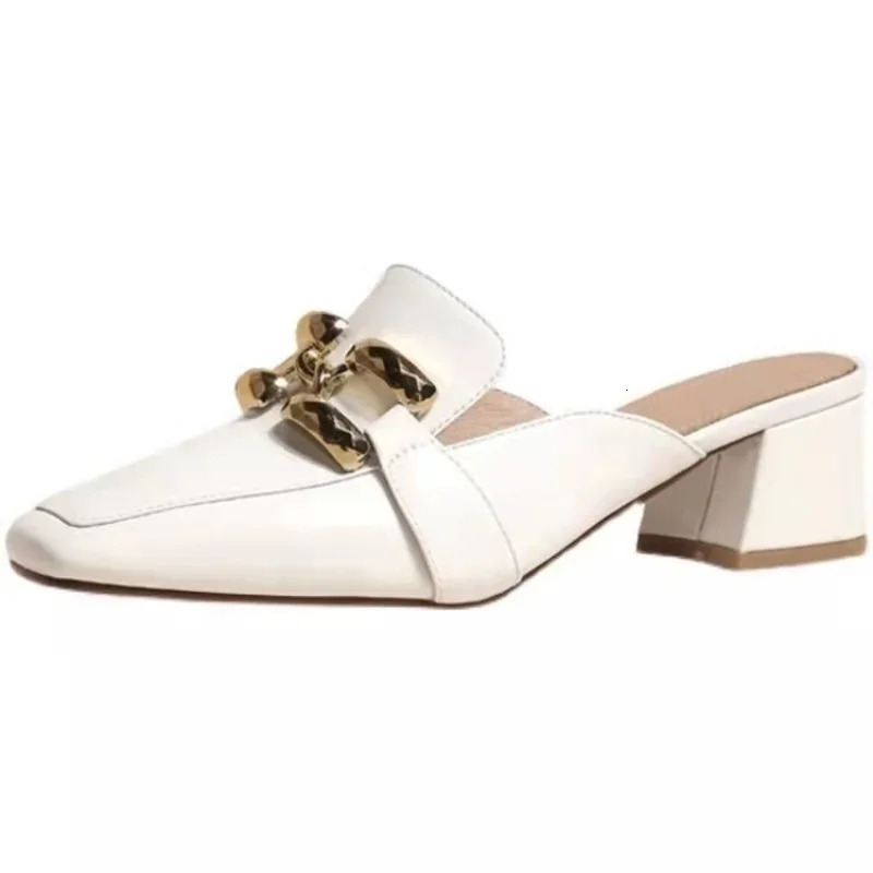 Fashion Cover Toe Chain Decoration Womens Half Slippers Outdoor Slides Med Heeled Mules Shoe 2024 Square Heel 241031