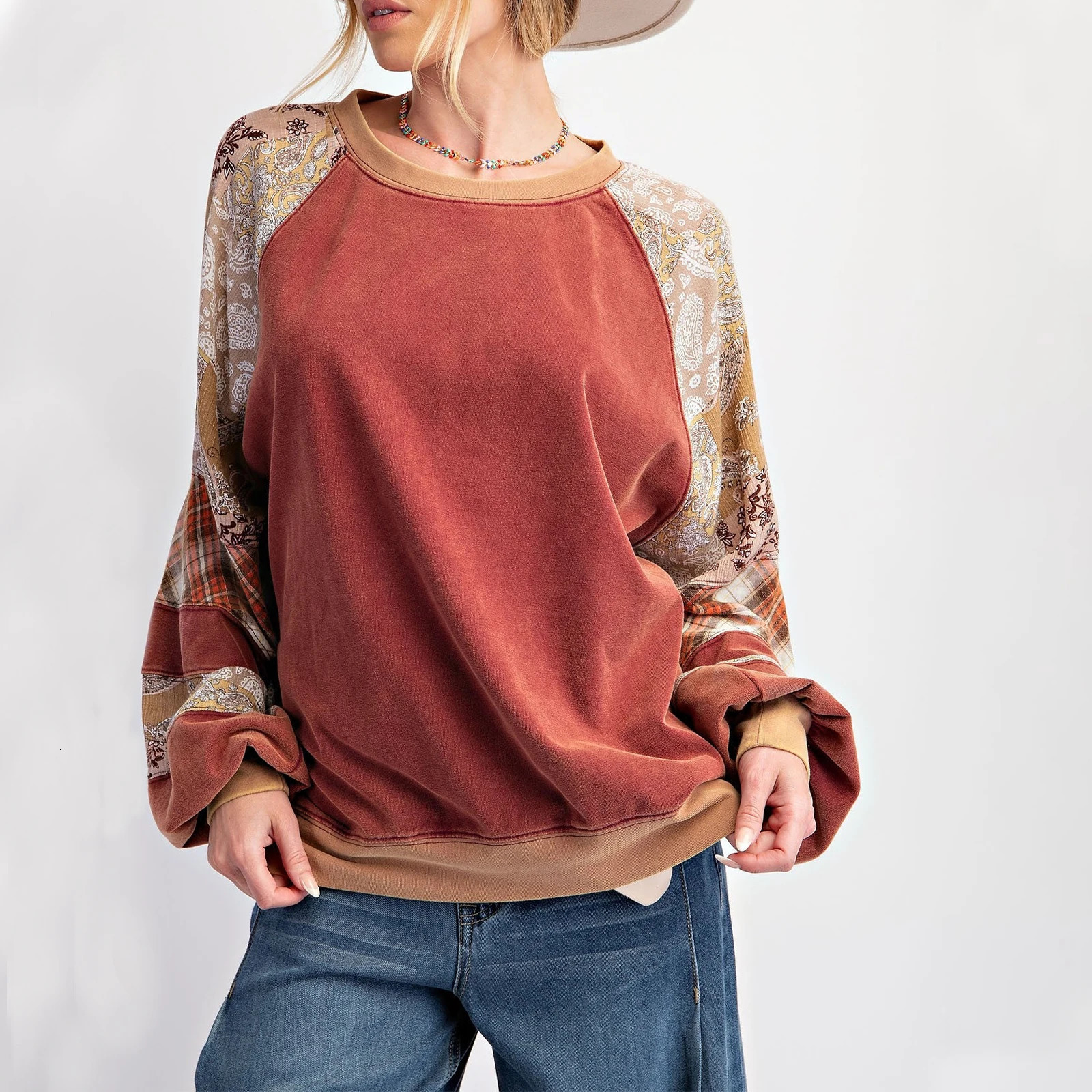 Vintage Indie Sweatshirt Contrast Print Loose Crew Neck Long Sleeve Pullover Tops Womens Casual Fall Tshirt Tees Streetwear 241031